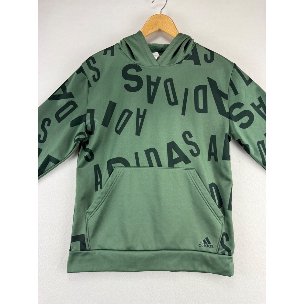 Adidas Hoodie Kids Size 18/20 Green All Over Logo Print Fleece Sweatshirt